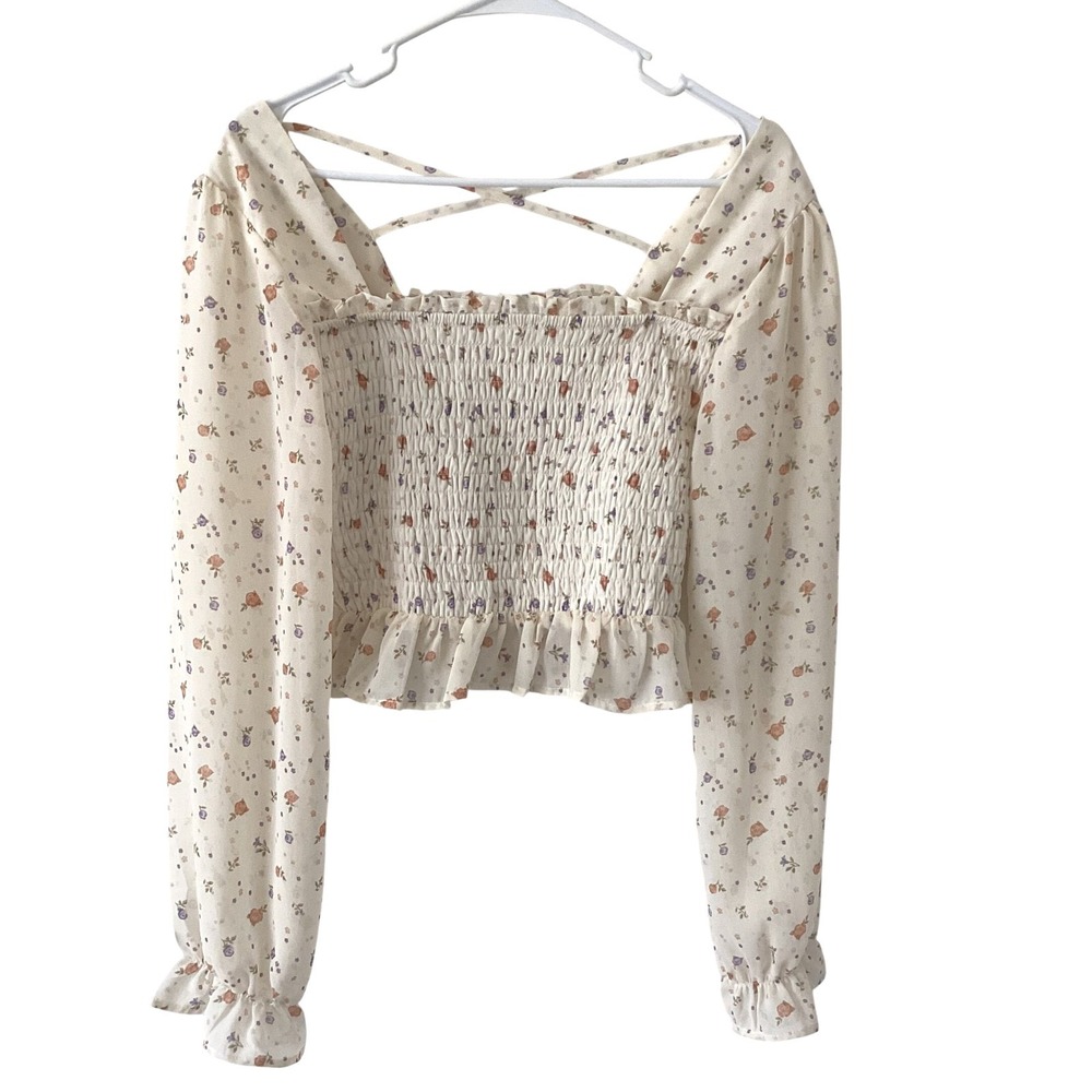 Cottagecore Floral Smocked Crop Top Puff Sleeve Peasant Boho Blouse L